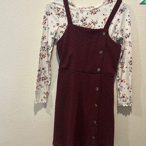 Floral Long-Sleeve Dress with Burgundy Pinafore